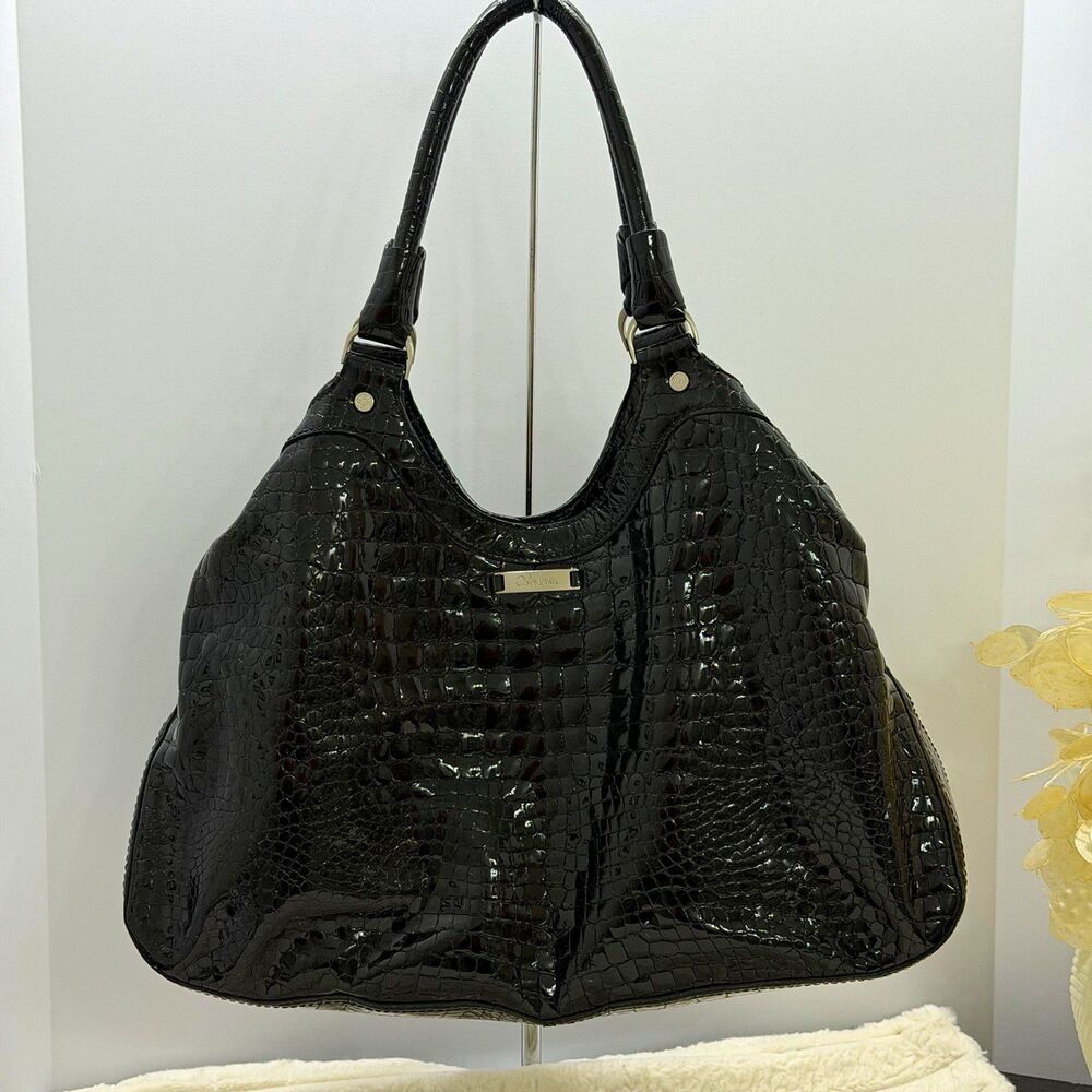 Cole Haan Large Black Croc Embossed Leather Hobo Shoulder Bag 19” Glossy Nice